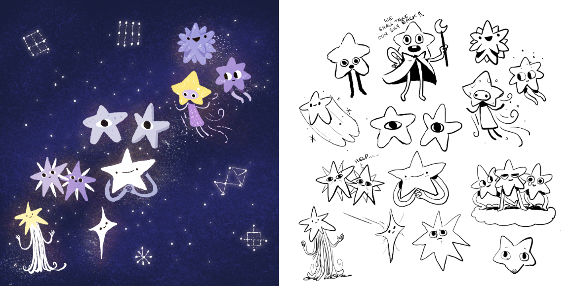 Side by side colorful and black and white illustrations of stars