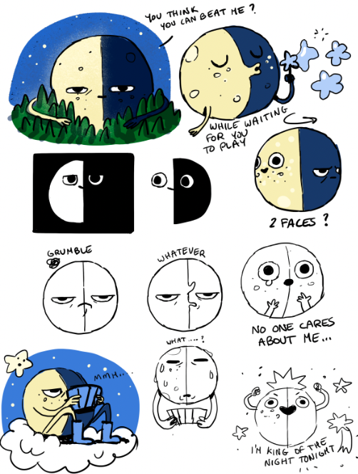 Four color and seven black and white rough illustrations of Moon character