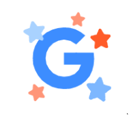 Blue illustration of the letter G with blue and red stars