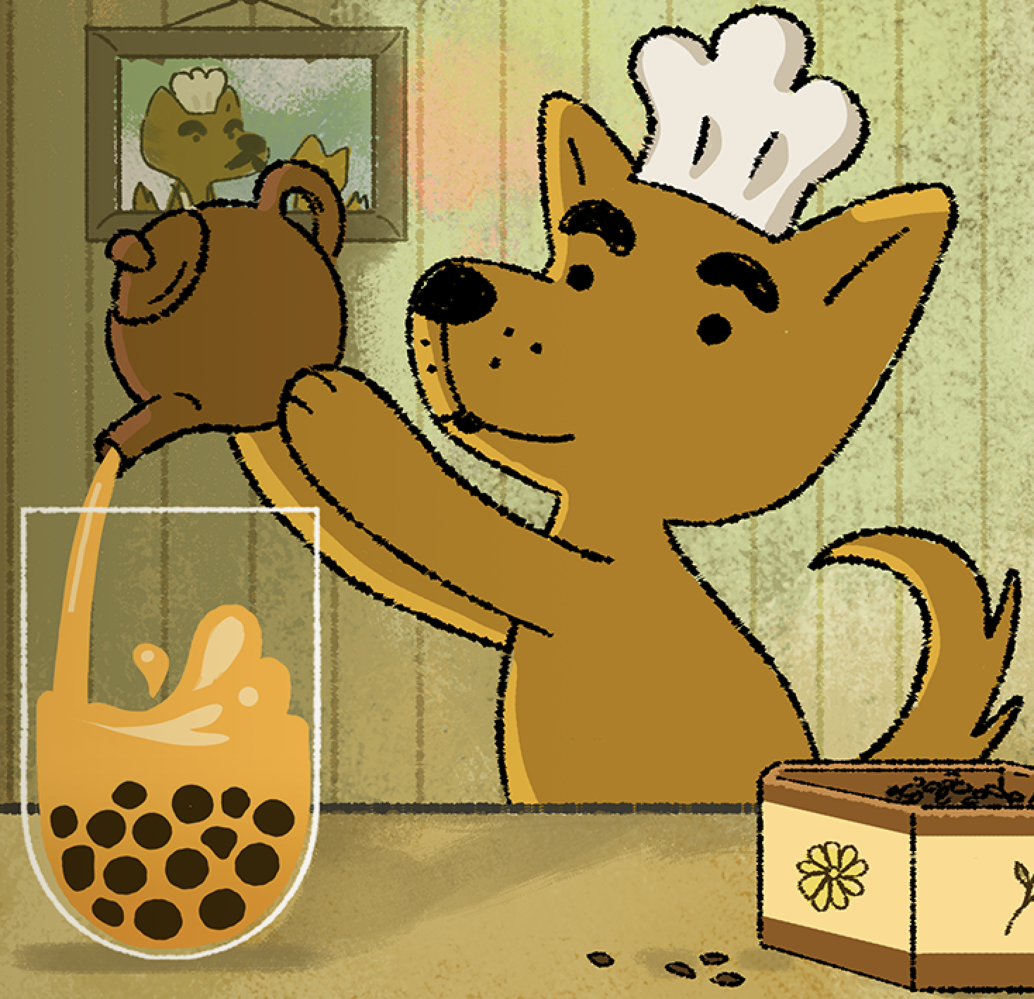Brown dog with a white chefs hat on its head pouring boba tea from a brown tea kettle into a glass