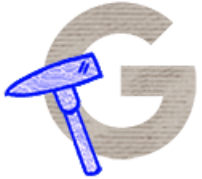 Illustration of the letter G with a blue hammer.