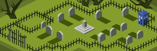 Illustrated image of a graveyard with a blue TARDIS 