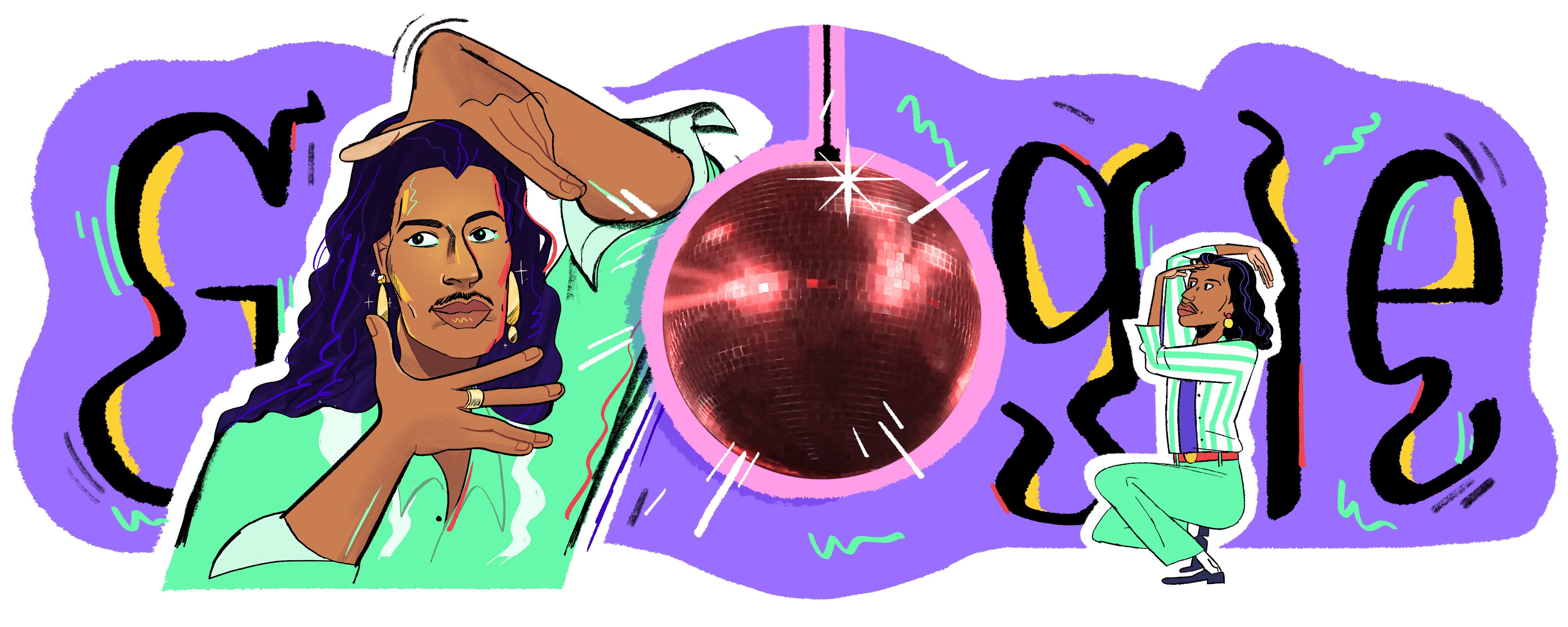 Animated illustrations of Willi Ninja with the Google logo. A portrait of Willi holding his hands in a vogue position stands in for the first Google "O", a disco ball stands in for the seconf "O", and Willi squatting down in a dance position stands in for the second "G". Willi has brown skin and long black hair. The colors are vibrant.