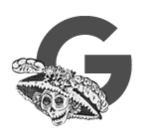 Illustration of the letter G with a skull wearing a sombrero next to it