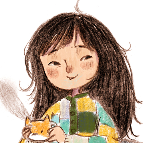 illustrated headshot of Lenny. She has long brown hair with bangs. She is wearing a green, yellow, and aqua checkered button up sweater and has a cat mug in her hand.