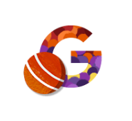 Multicolored illustration of the letter G with a cricket ball 