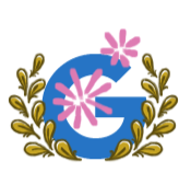 Blue illustration of the letter G with pink flowers on the letter and feathers surrounding the letter