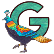 Illustration of the letter G and a peacock 