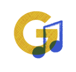 Yellow illustration of the letter G with a blue music note