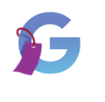 Blue illustration of the letter G with a purple tag