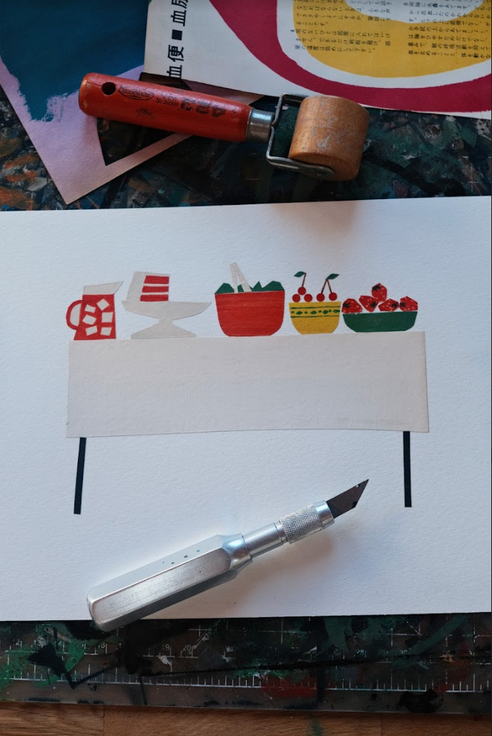 Sketch of the table in the Doodle with the fruits, salad, cake and drink and the artist's pen