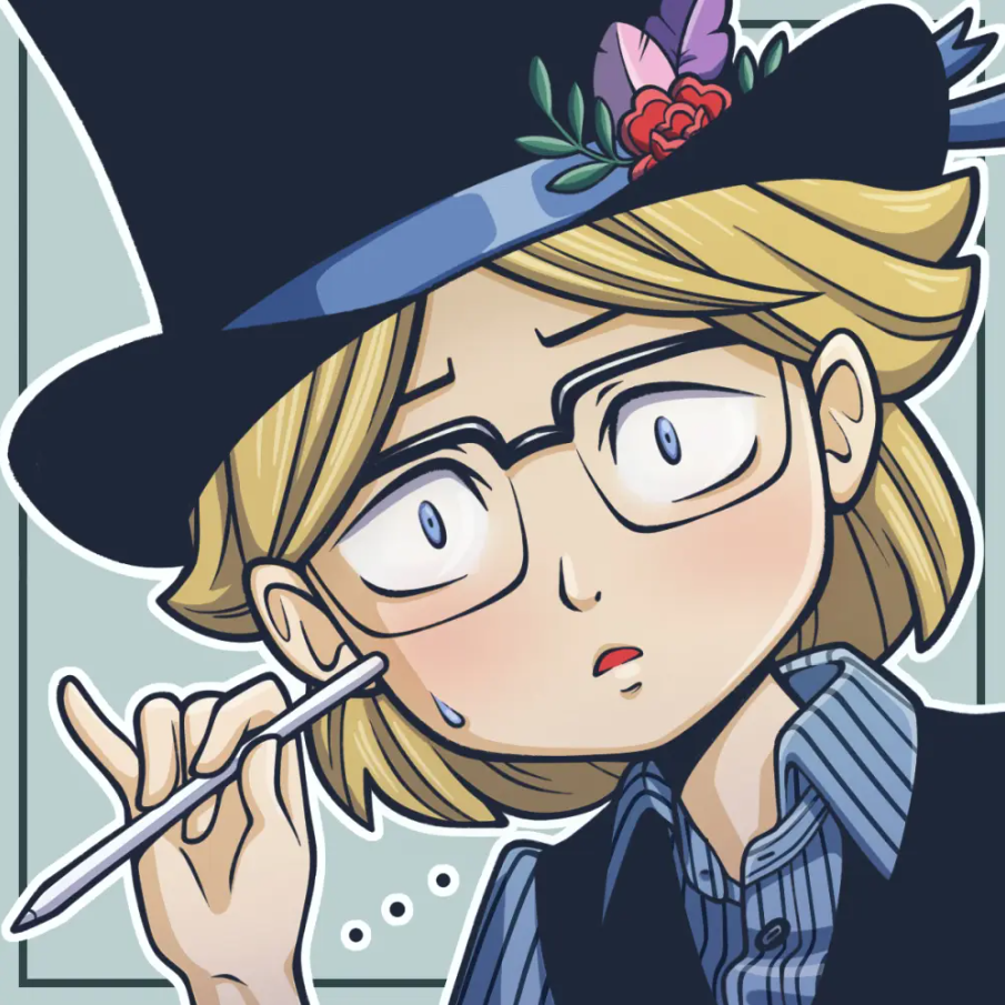 Animated image of a white person with blonde hair. The person has glasses and a hat on and is holding a pen. 