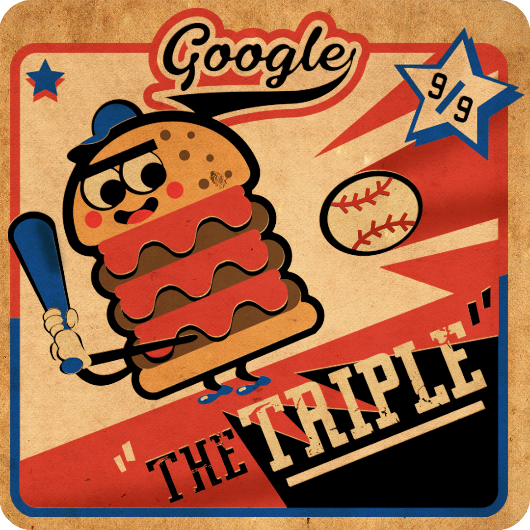 Illustration of a personified hamburger batting at a baseball with the Google logo overhead