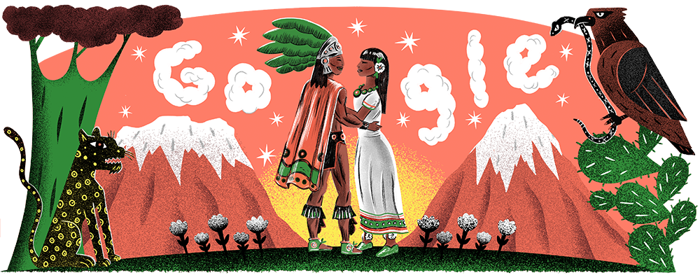 Illustration of two indigenous people - a man and a woman - in a nature setting in front of the Google letters made out of clouds. The background shows volcanos, trees, cactus, a leopard, and a bird holding a snake in its mouth.